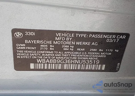 2017 BMW 330I from USA, damaged, VIN WBA8B9G36HNU53519